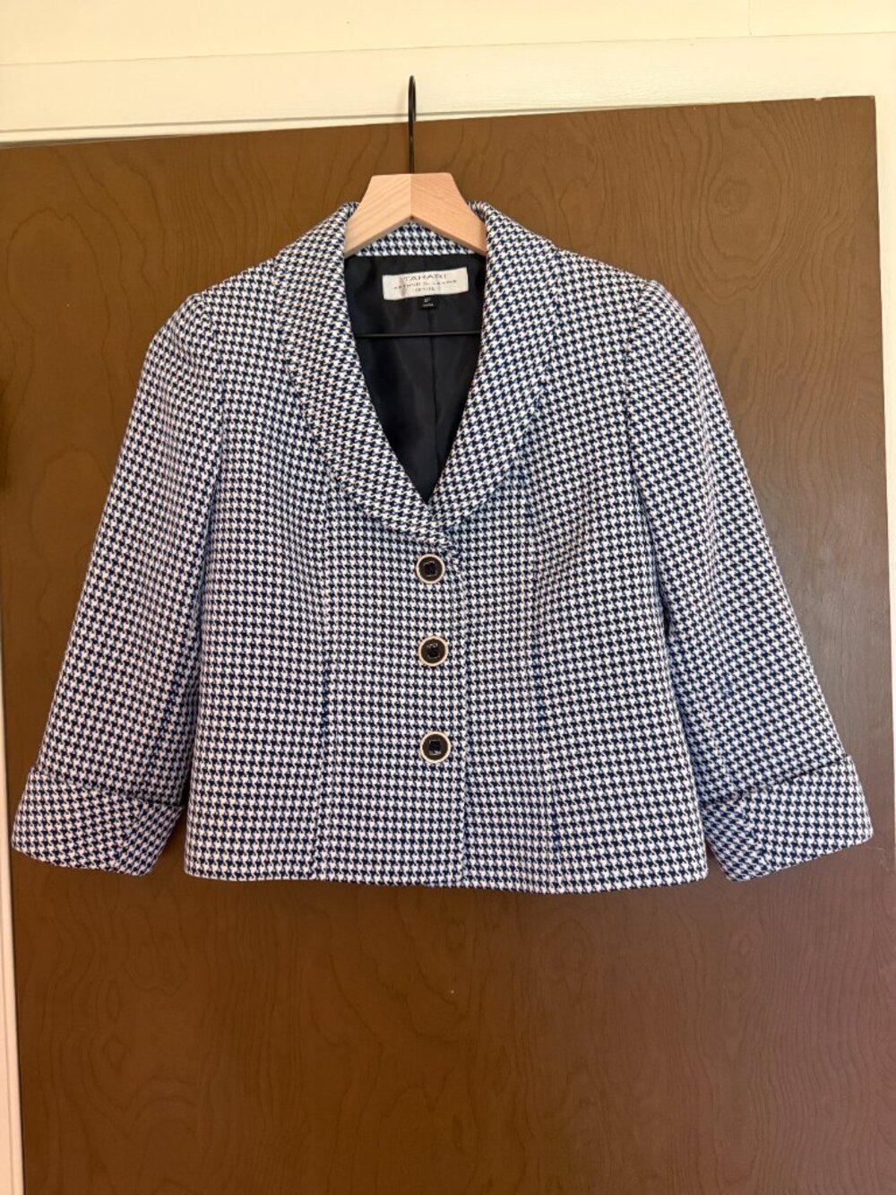 Tahari ASL Houndstooth Cropped Blazer Mod Retro 90s Preppy Old Money Academia - Picture 2 of 10